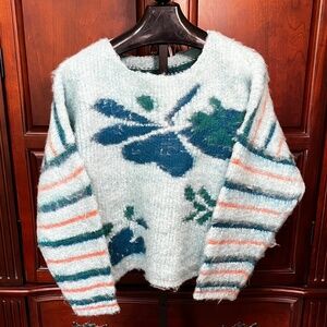 FREE PEOPLE LILY FUZZY STRIPPED TEAL TURQUOISE ORANGE SWEATER SIZE L